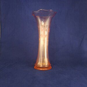 Vintage Pink Depression Glass Vase Etched Floral Design Fluted Rim